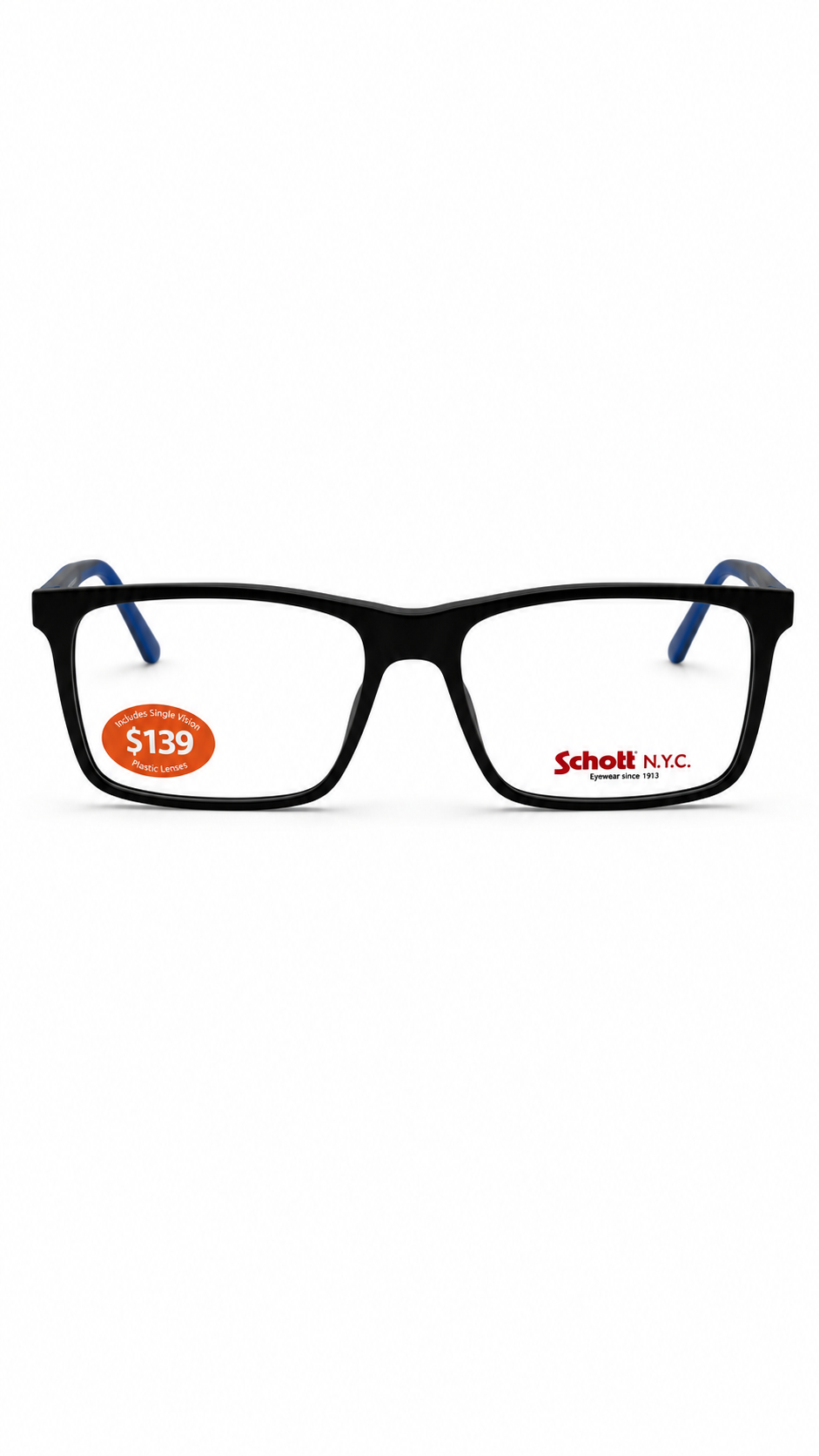 Schott N.Y.C. Black Rectangular Eyeglasses with Blue Temples