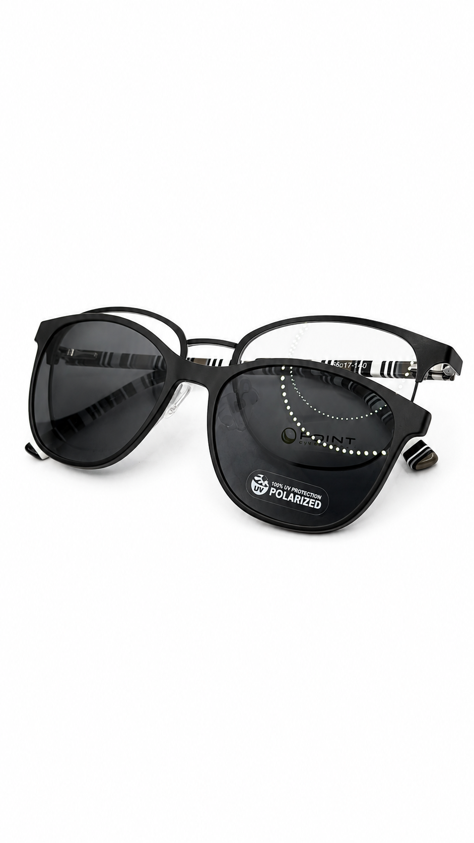 Point 6103 Matte Black Square Optical Frames with Polarized Clip-On Lenses (52mm)