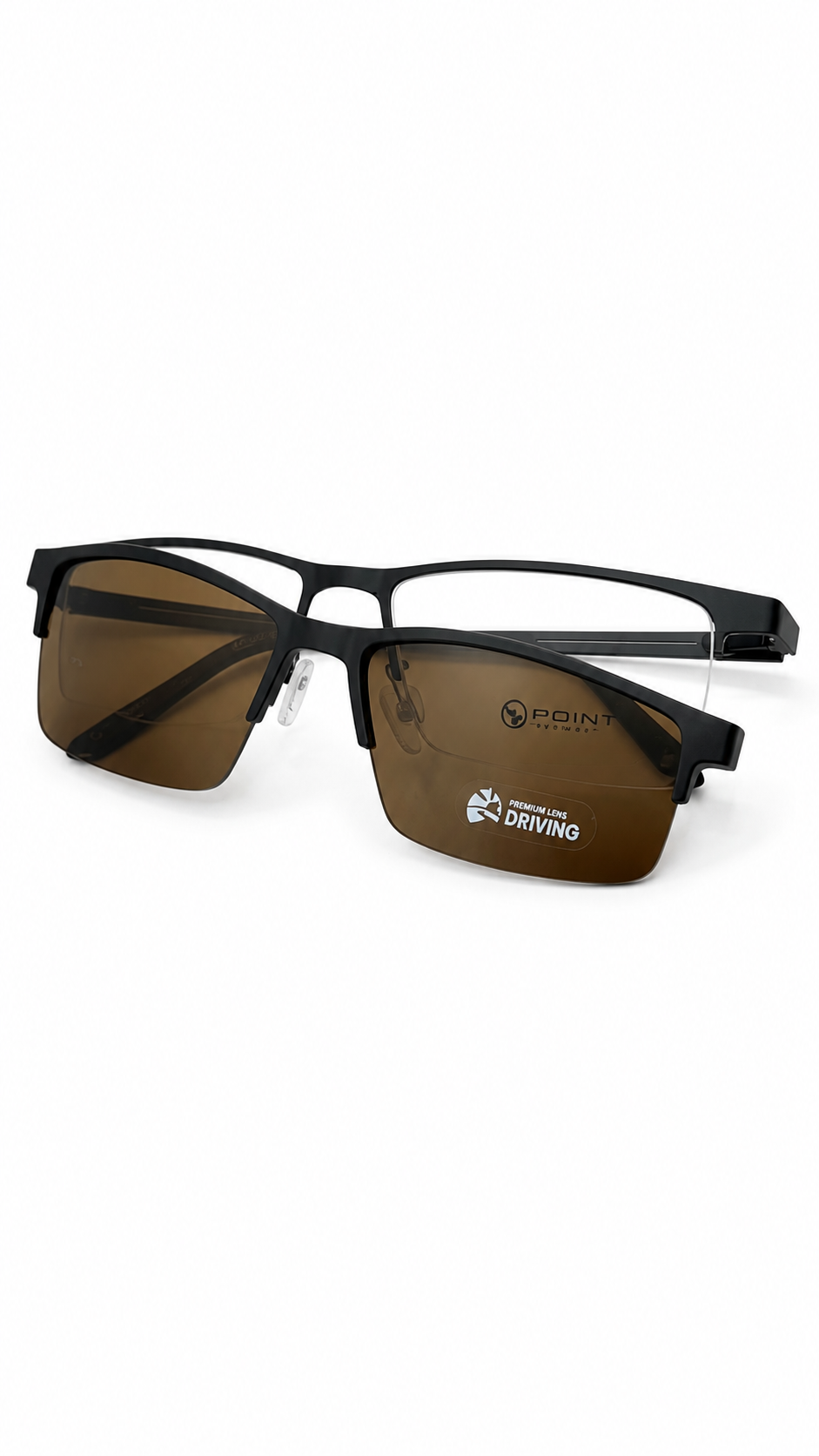 Point 6094 Matte Black & Red Rectangle Half-Rim Eyeglasses with Brown Driving Clip-On (58mm)
