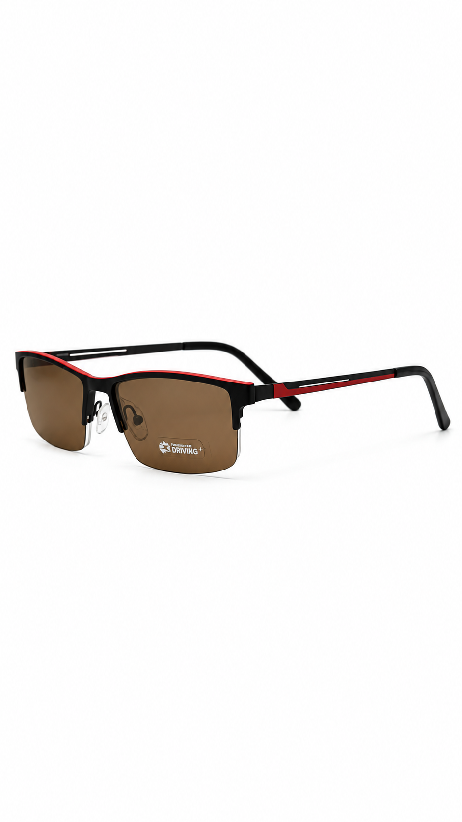 Point 6094 Matte Black & Red Rectangle Half-Rim Eyeglasses with Brown Driving Clip-On (58mm)