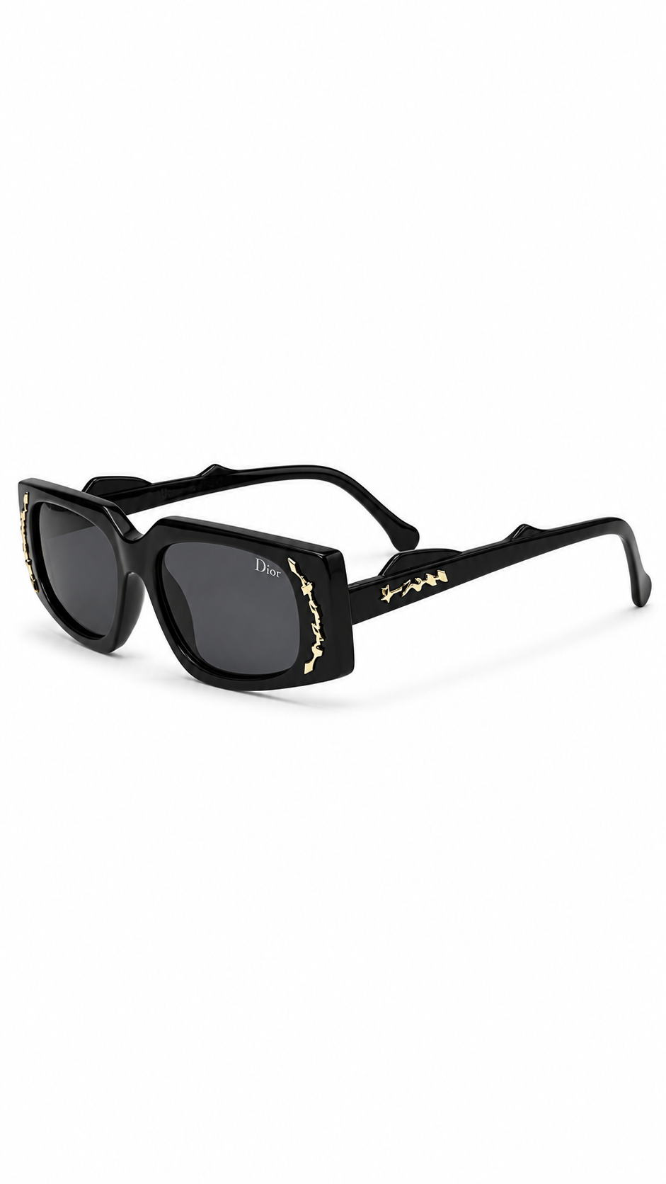 Dior 9150 Black Narrow Rectangular Sunglasses with Gold Star Embellishments (47mm)