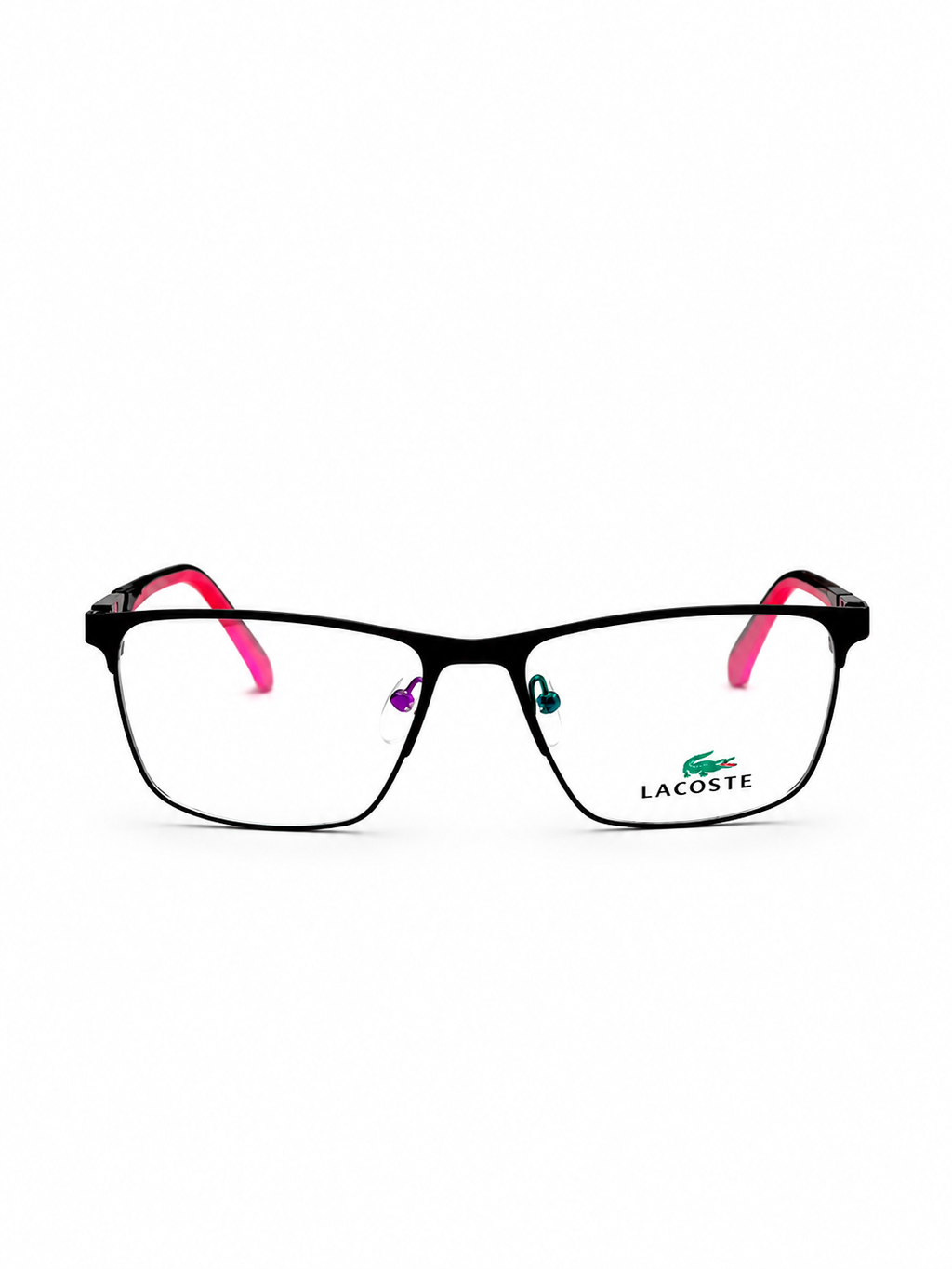 Lacoste Matte Black Rectangular Eyeglass Frames – Electric Pink Inner Temple Accents