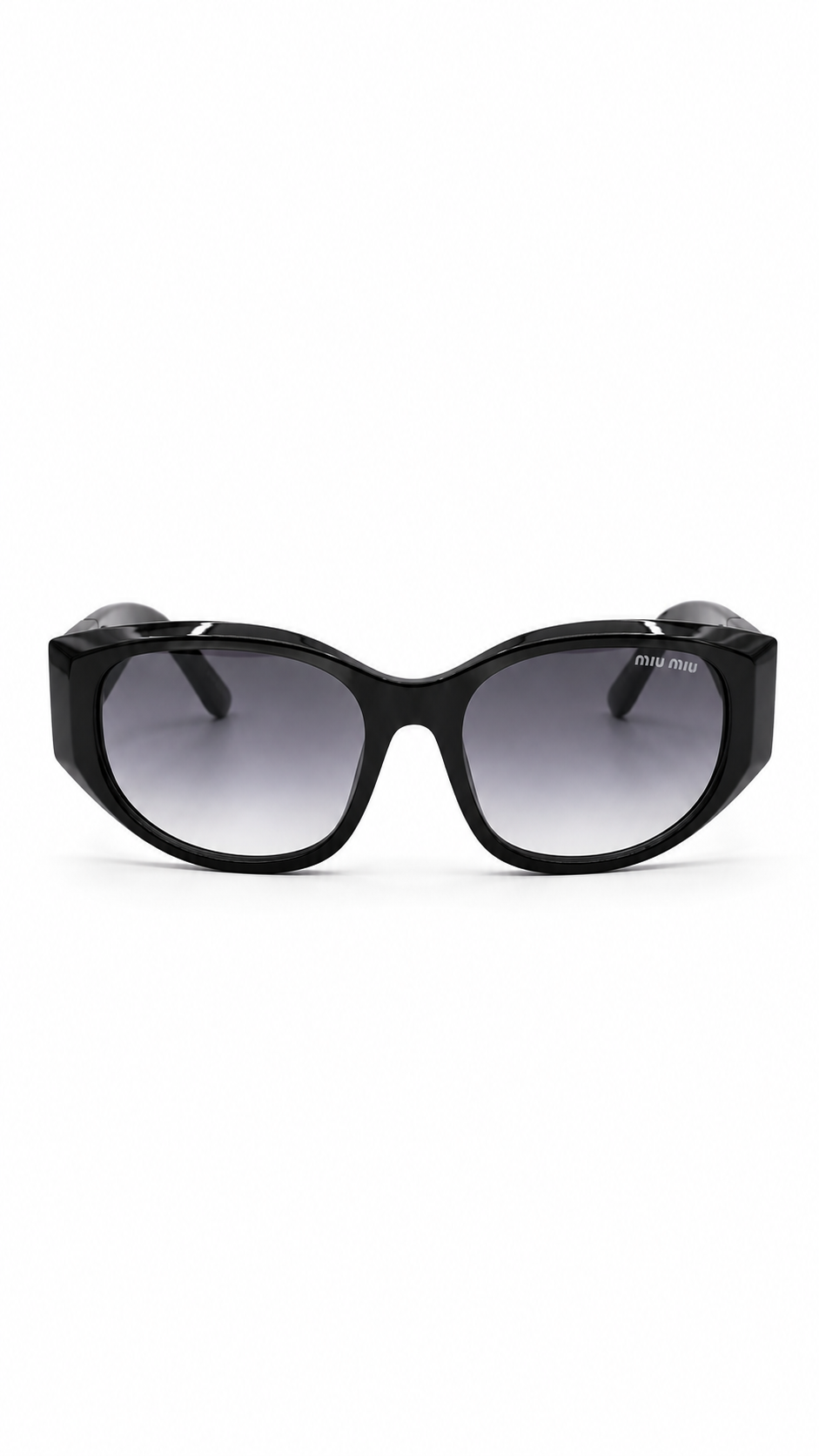 Miu Miu Oval Sunglasses – Black Frame with Grey Gradient Lenses
