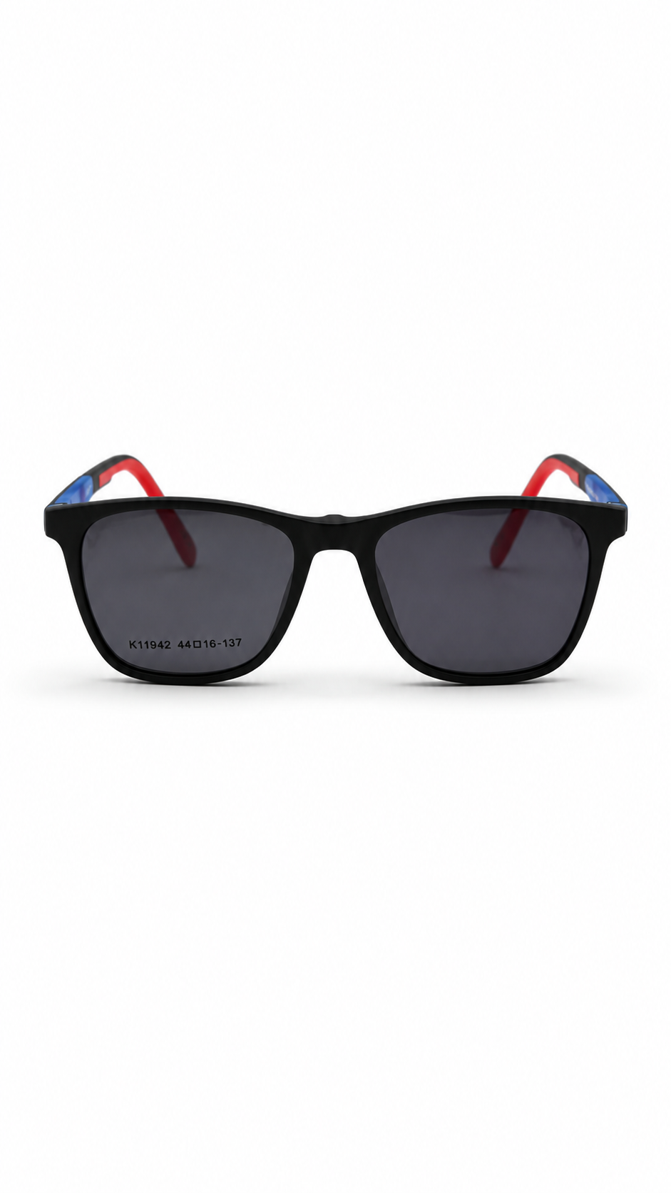 K11942 Magnet Attachment Black Square Sunglasses – Blue & Red Temple Accent