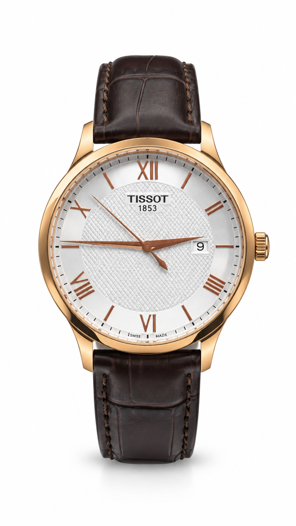 Tissot Tradition 42mm Rose Gold Case Watch – Silver Textured Dial & Brown Leather Strap