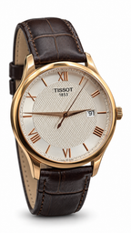 Tissot Tradition 42mm Rose Gold Case Watch – Silver Textured Dial & Brown Leather Strap