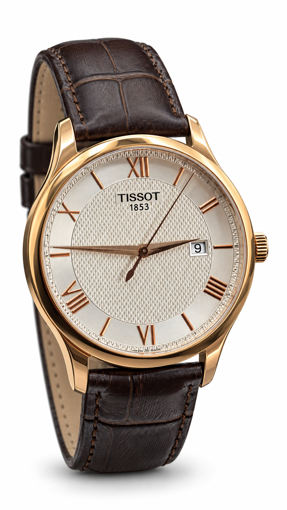 Tissot Tradition 42mm Rose Gold Case Watch – Silver Textured Dial & Brown Leather Strap