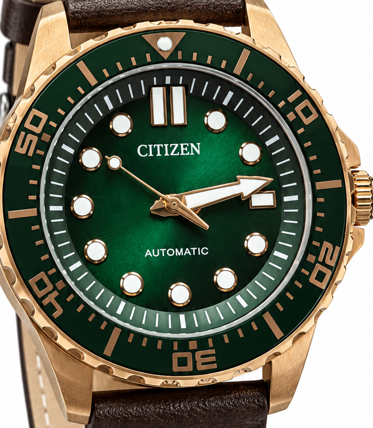 Citizen Automatic Diver-Style Watch – Sunray Green Dial & Rose Gold Case