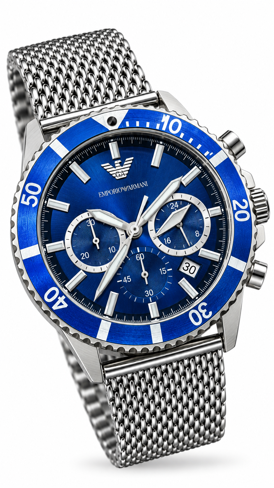 Emporio Armani AR-11587 Blue Dial Chronograph Stainless Steel Mesh Watch