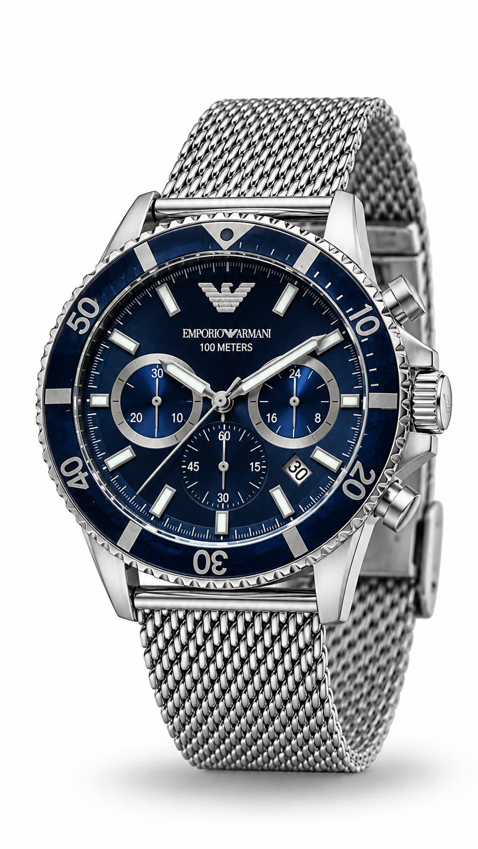 Emporio Armani AR-11587 Blue Dial Chronograph Stainless Steel Mesh Watch