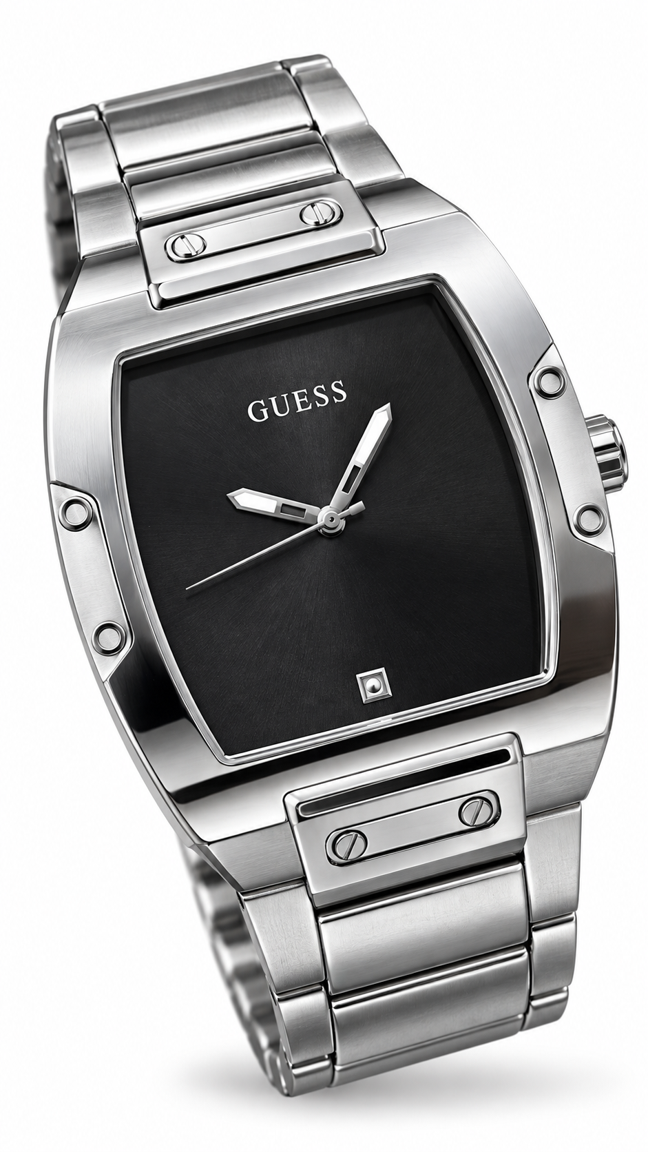 GUESS GW0387G1 Stainless Steel Tonneau Case Diamond Accent Black Dial Men's Watch