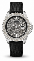 GUESS Crystal Bezel Black Pavé Dial Men's Watch with Black Silicone Strap