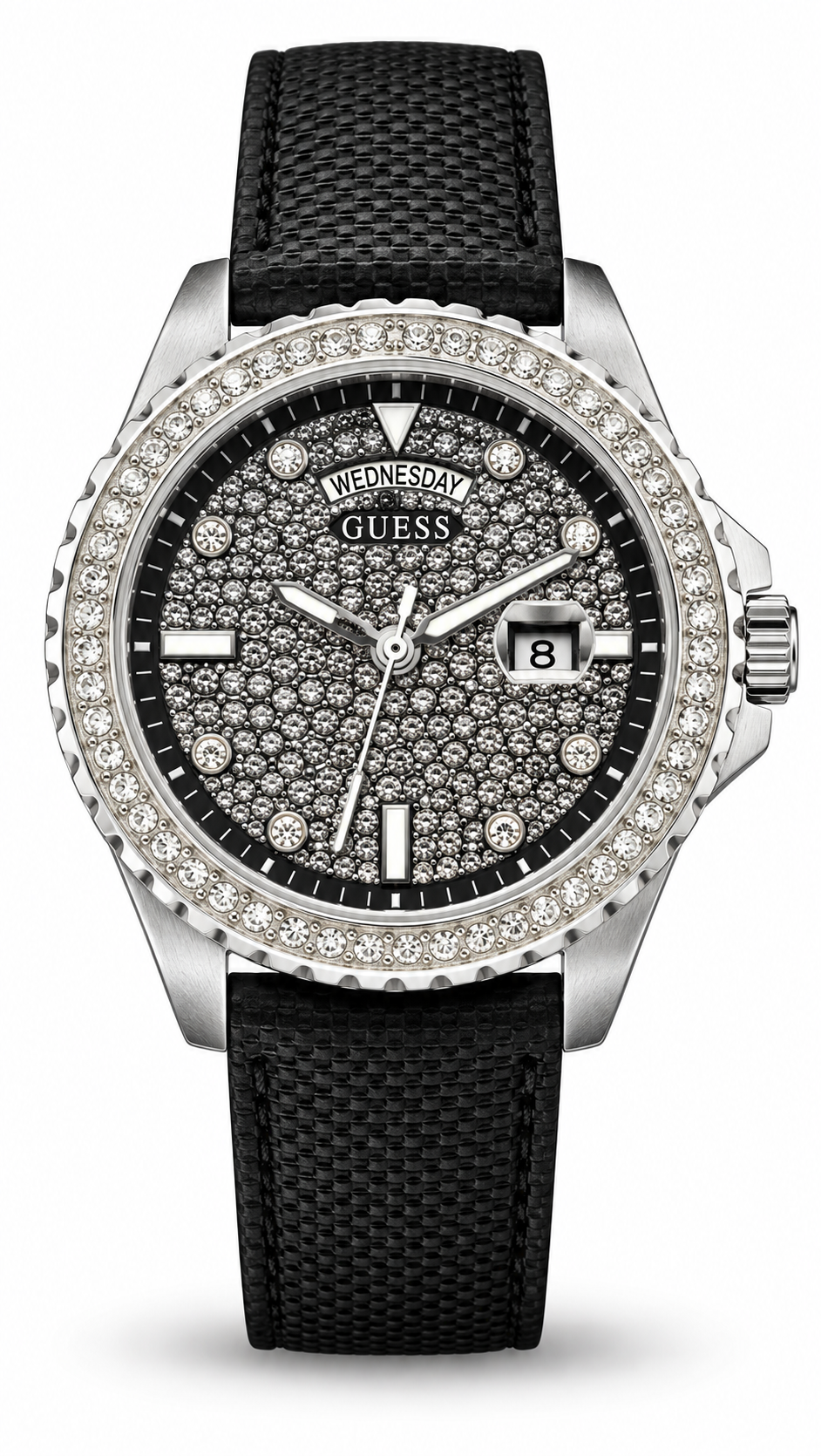 GUESS Crystal Bezel Black Pavé Dial Men's Watch with Black Silicone Strap