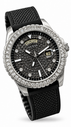 GUESS Crystal Bezel Black Pavé Dial Men's Watch with Black Silicone Strap