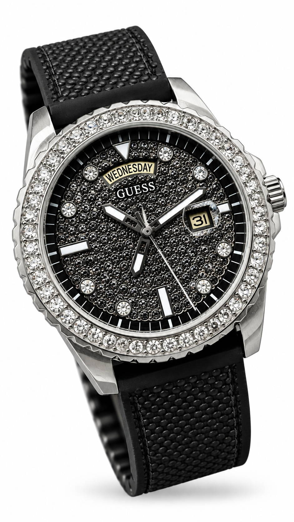 GUESS Crystal Bezel Black Pavé Dial Men's Watch with Black Silicone Strap