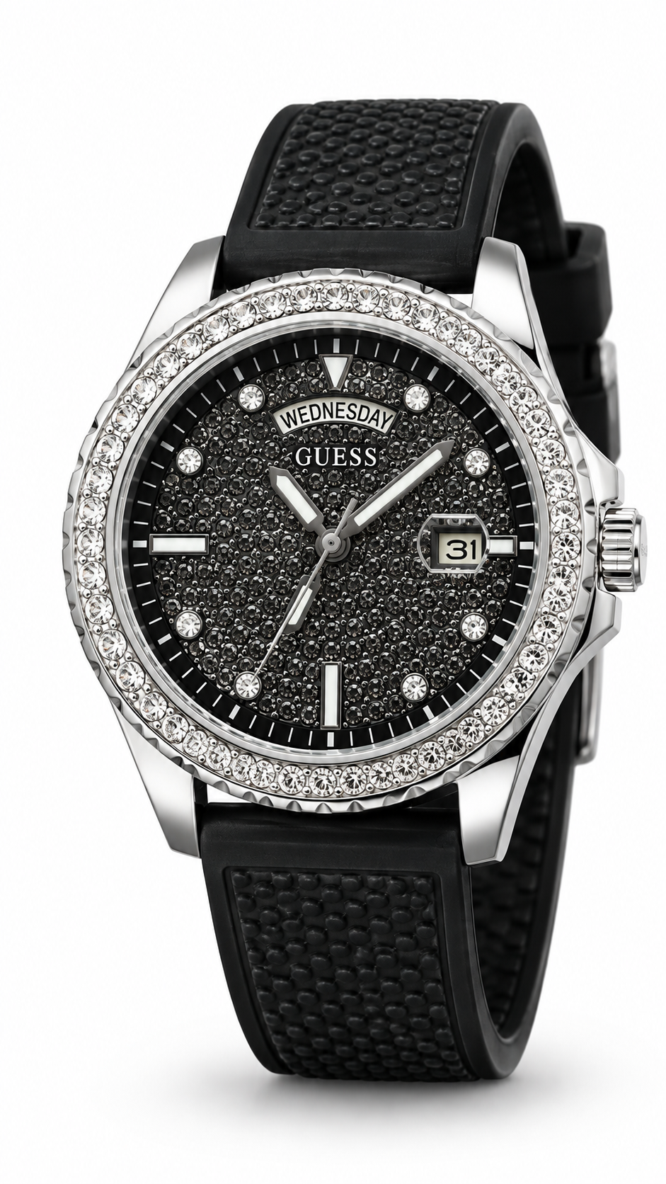 GUESS Crystal Bezel Black Pavé Dial Men's Watch with Black Silicone Strap
