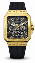 GUESS GW0627G2 Gold-Tone Square Case Skeleton Dial Men's Watch with Black Silicone Strap