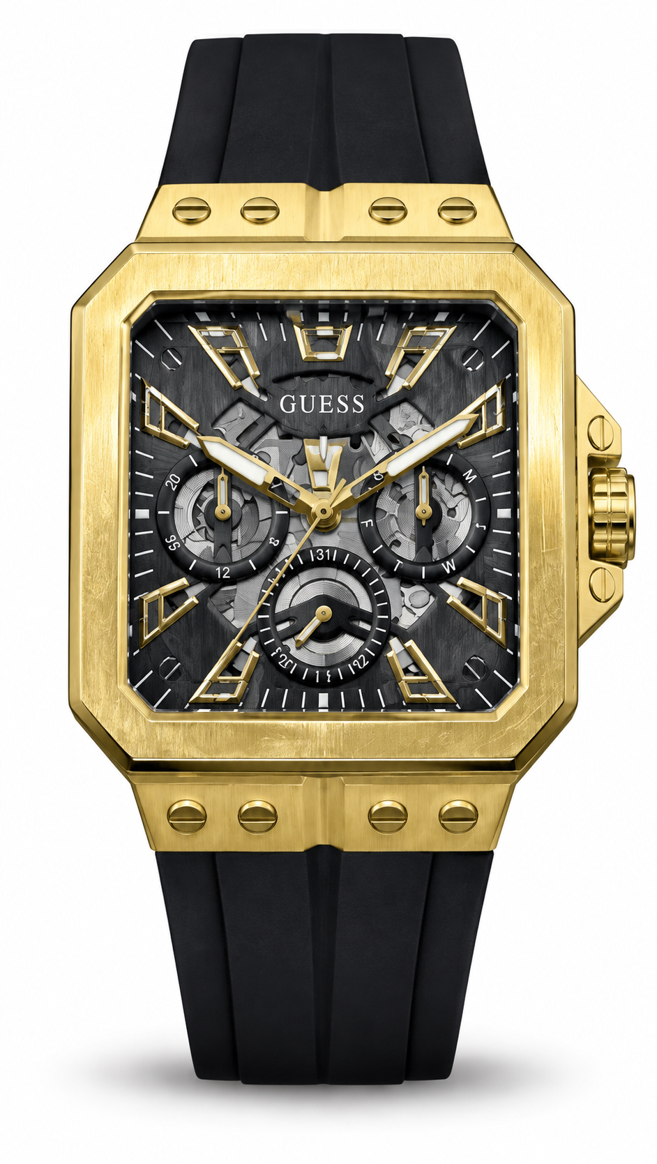 GUESS GW0627G2 Gold-Tone Square Case Skeleton Dial Men's Watch with Black Silicone Strap