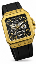 GUESS GW0627G2 Gold-Tone Square Case Skeleton Dial Men's Watch with Black Silicone Strap