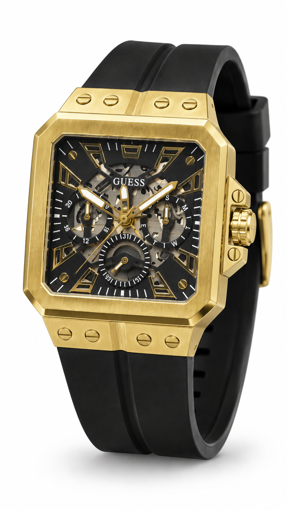 GUESS GW0627G2 Gold-Tone Square Case Skeleton Dial Men's Watch with Black Silicone Strap
