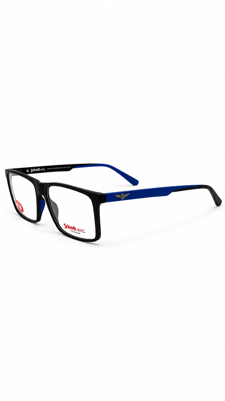 Schott N.Y.C. Black Rectangular Eyeglasses with Blue Temples