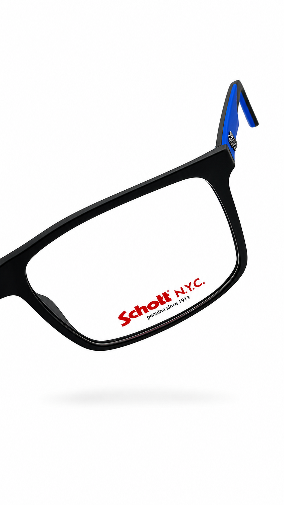 Schott N.Y.C. Black Rectangular Eyeglasses with Blue Temples