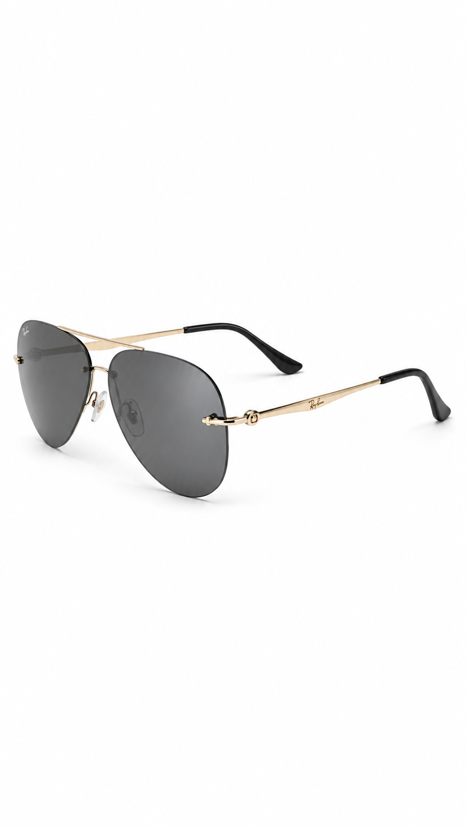 Ray-Ban Style Gold Rimless Aviator Sunglasses with Dark Grey Lenses