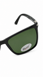 Persol 3010 Glossy Black Rectangular Sunglasses – Green Lenses (53mm)