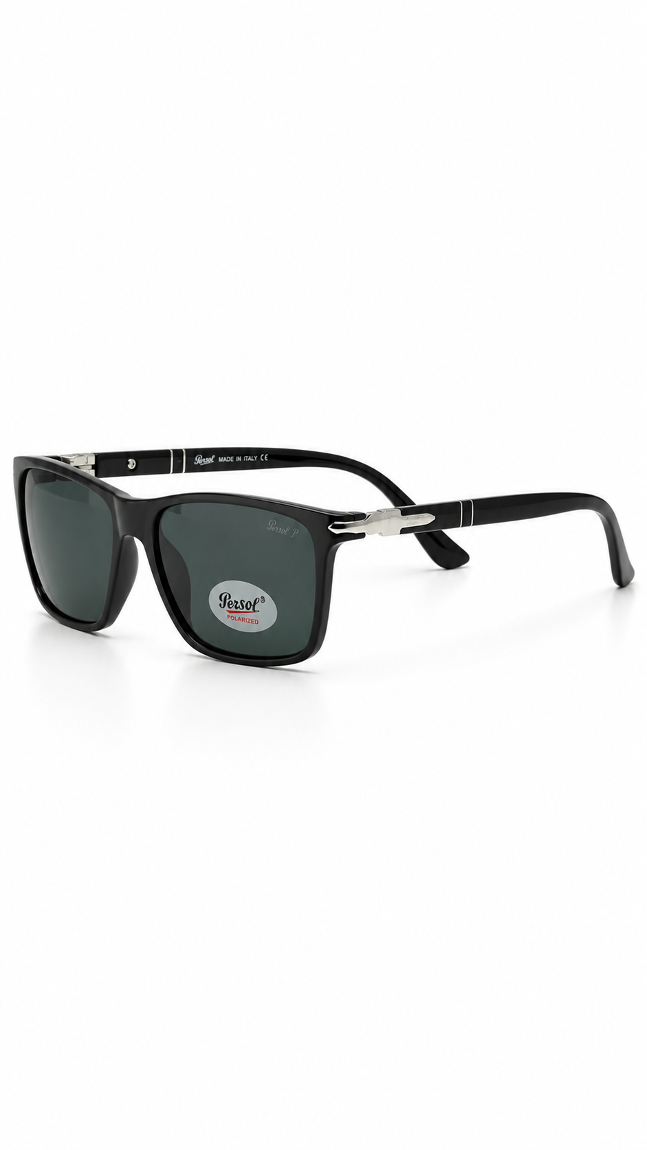 Persol 3010 Glossy Black Rectangular Sunglasses – Dark Grey Lenses (53mm)
