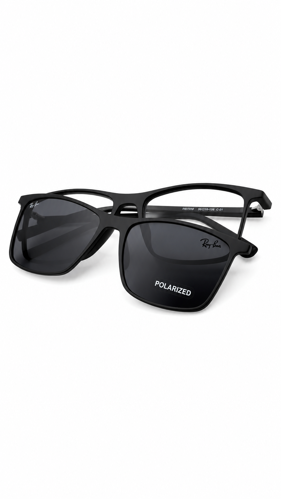 Ray-Ban RX7056 Matte Black Square Optical Frames with Polarized Clip-On Lenses (53mm)