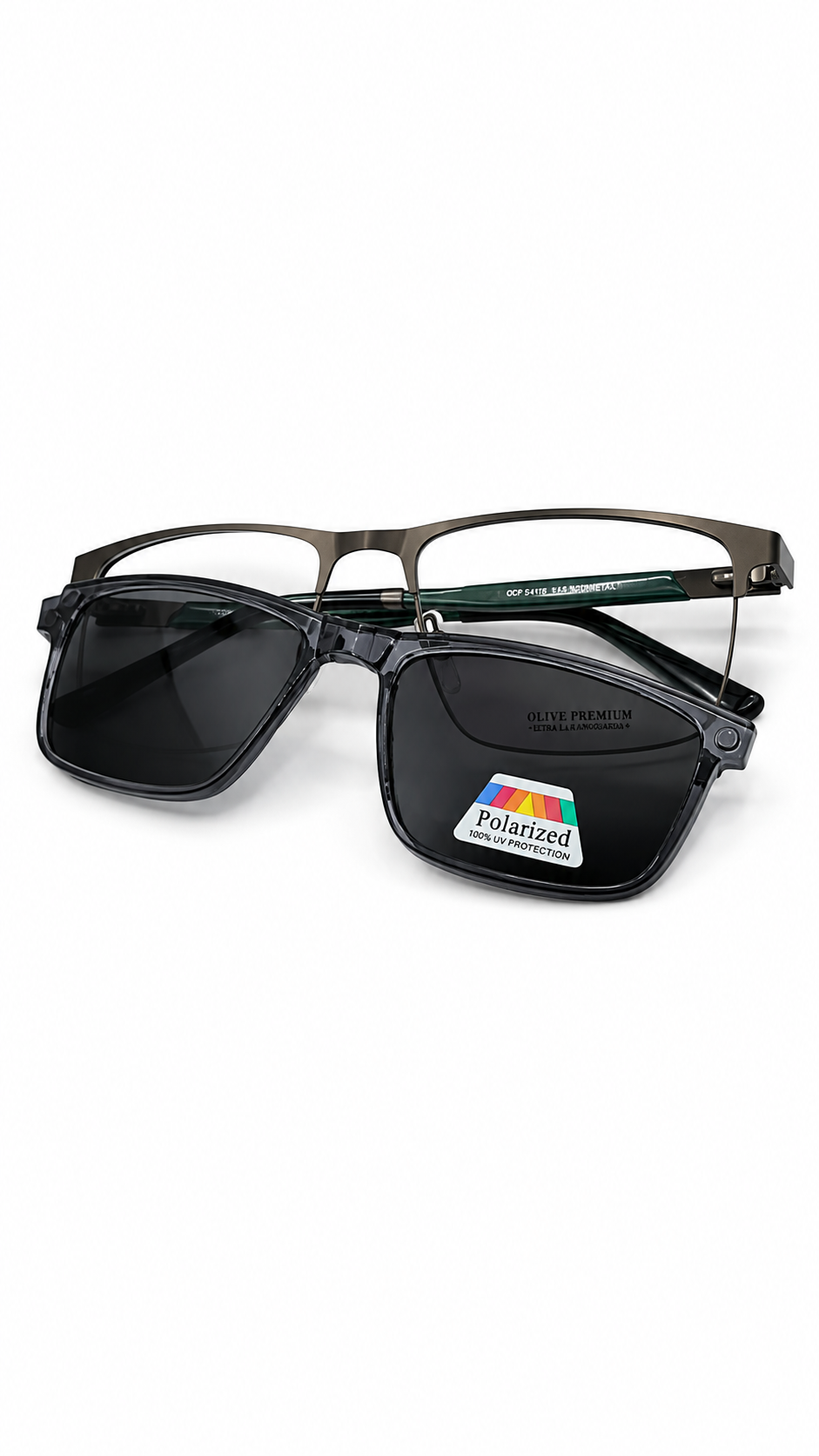 Olive Premium PLE004SP Matte Dark Gunmetal Eyeglasses with Polarized Clip-On Lenses (56mm)