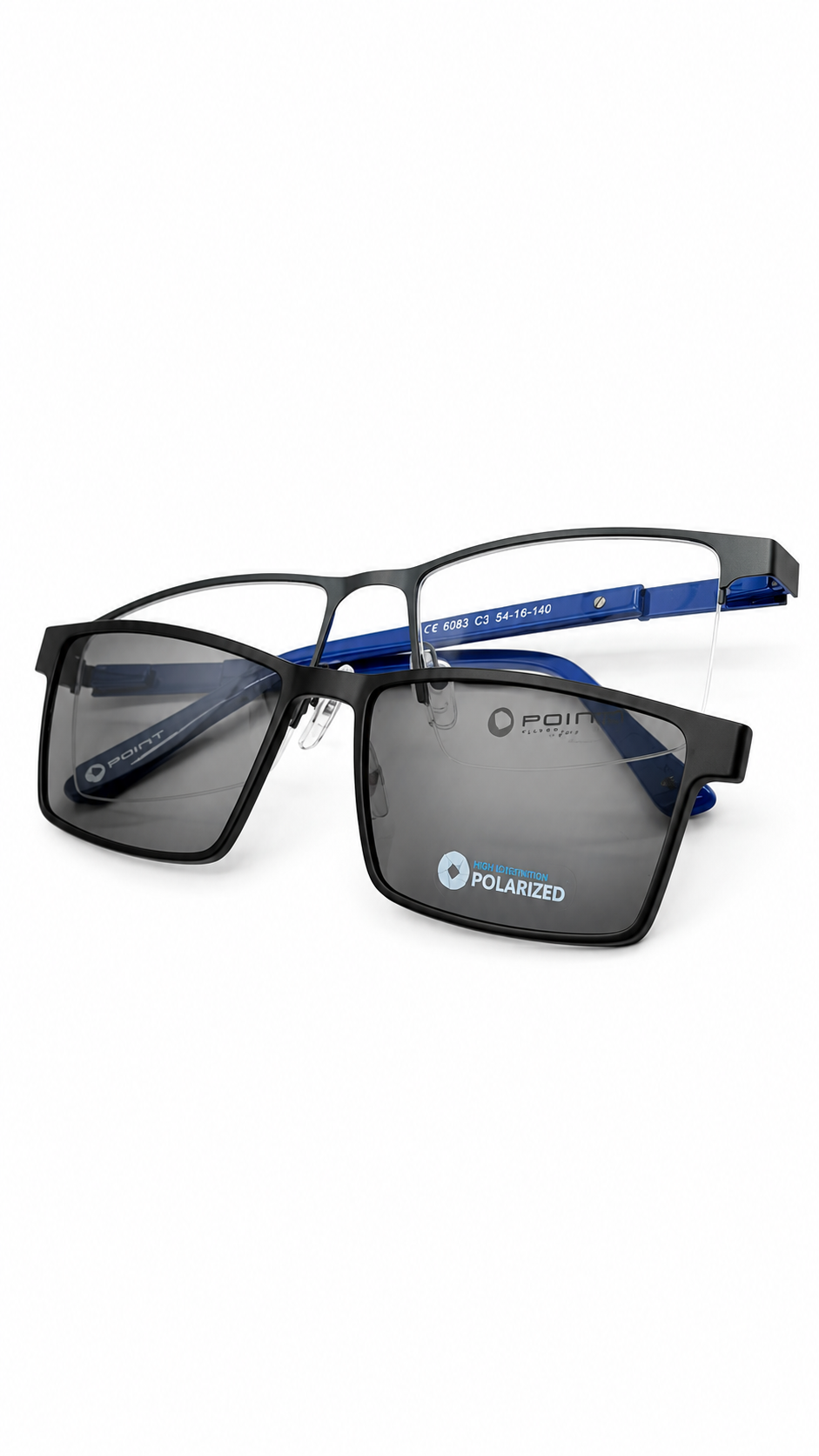 Point 6083 Matte Black & Blue Square Optical Frames with Photochromic Polarized Clip-On (54mm)