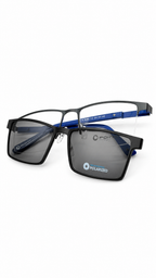 Point 6083 Matte Black & Blue Square Optical Frames with Photochromic Polarized Clip-On (54mm)