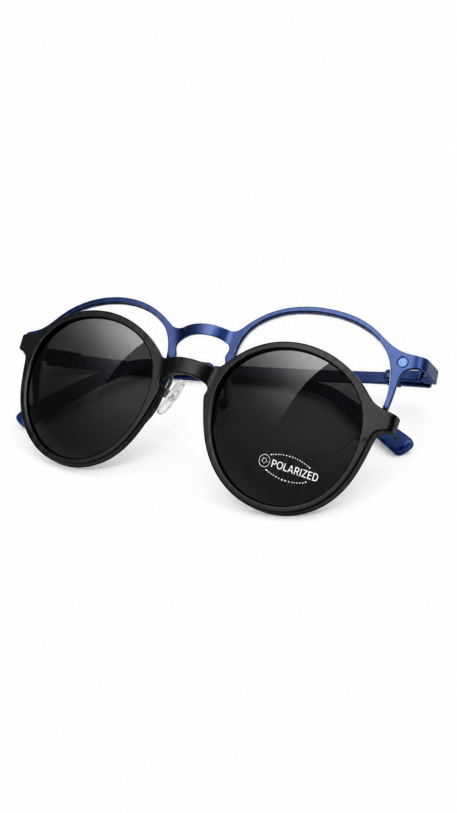 Round Satin Blue Optical Frames with Matte Black Magnetic Clip-On Sunglasses