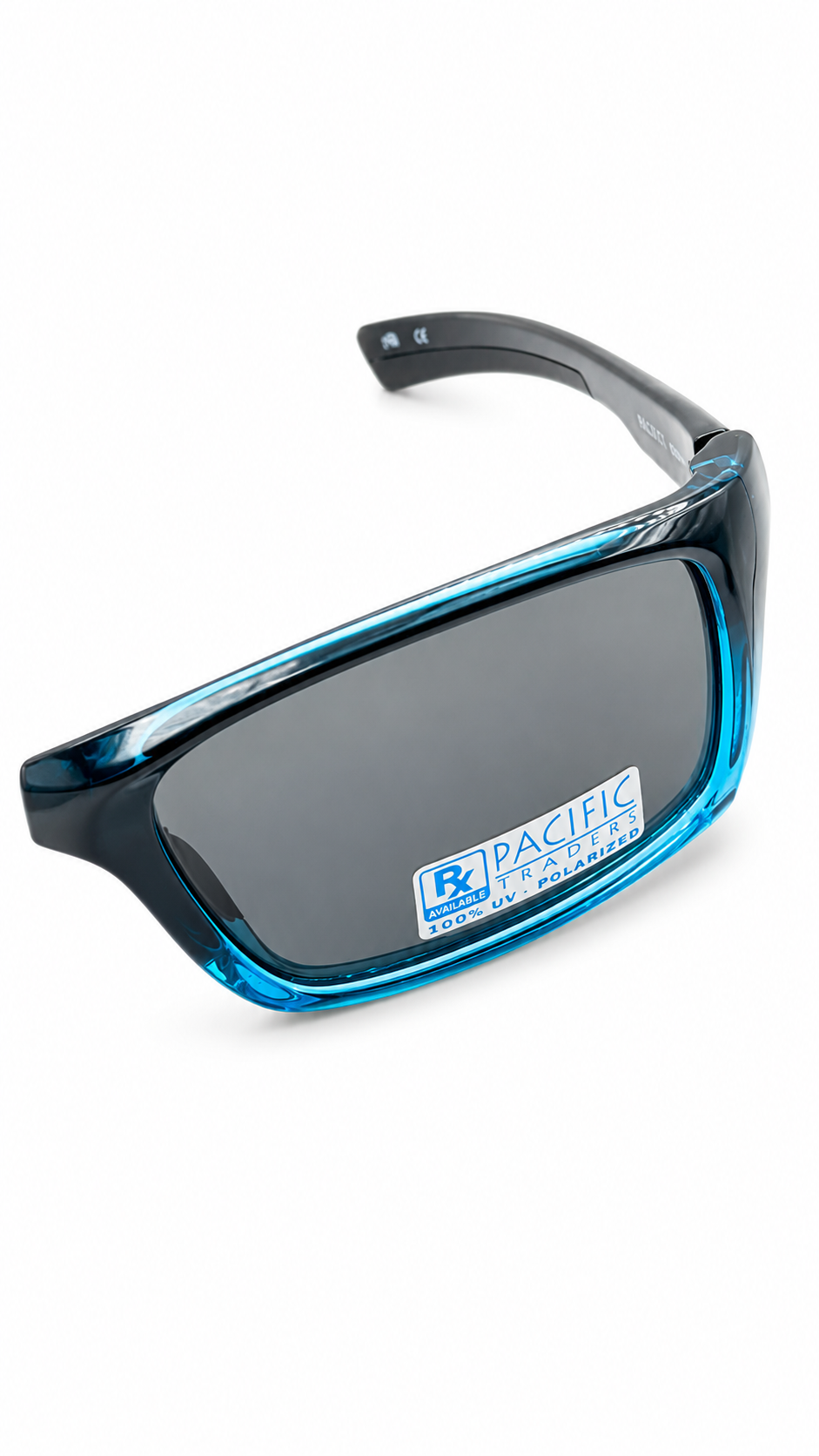 Pacific Traders Rectangular Sport Wrap Sunglasses – Glossy Black & Translucent Blue