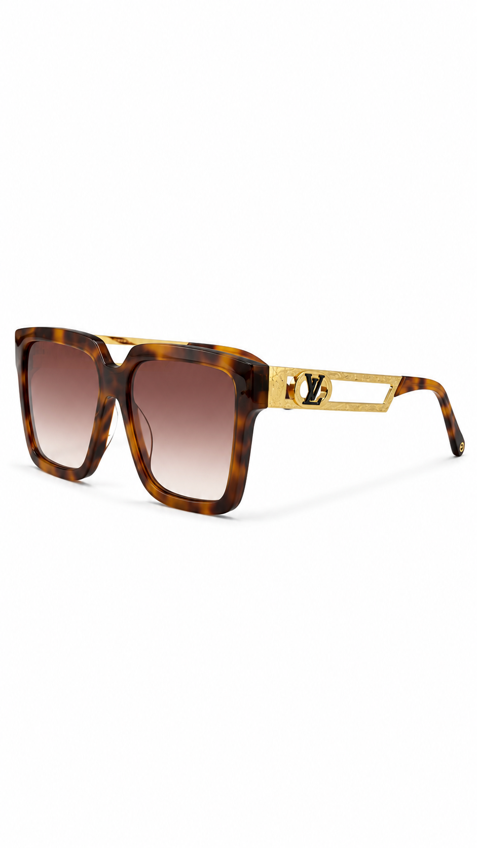 Louis Vuitton Z2097W Tortoiseshell Square Sunglasses with Gold LV Openwork Temples (56mm)