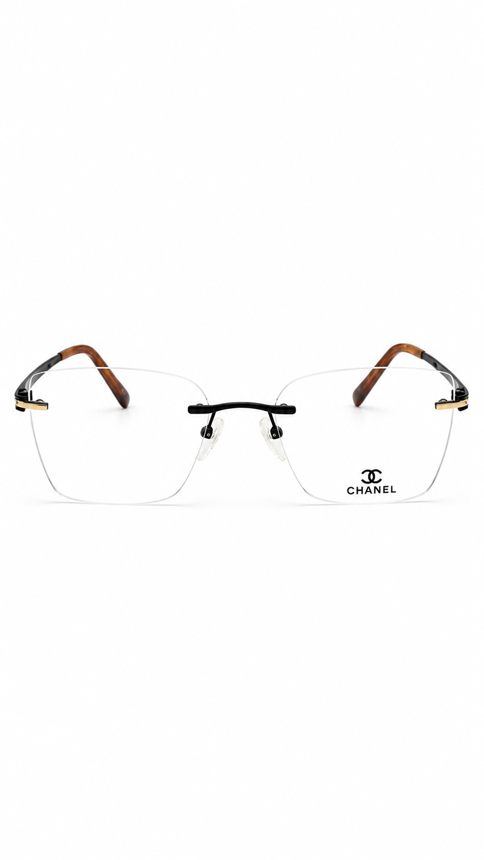 CHANEL A3809 Black & Gold Rimless Geometric Eyeglasses (54mm)