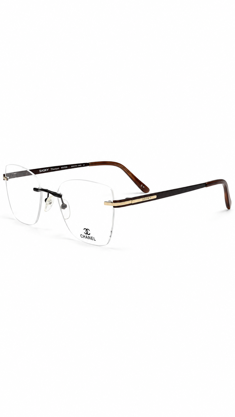 CHANEL A3809 Black & Gold Rimless Geometric Eyeglasses (54mm)