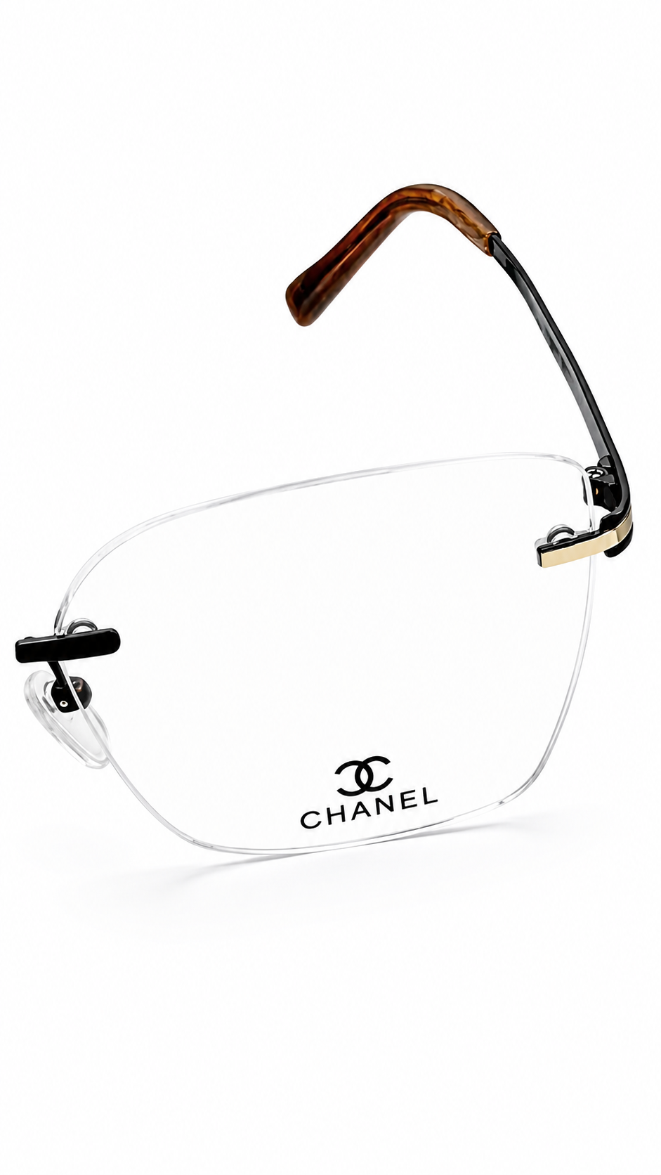 CHANEL A3809 Black & Gold Rimless Geometric Eyeglasses (54mm)