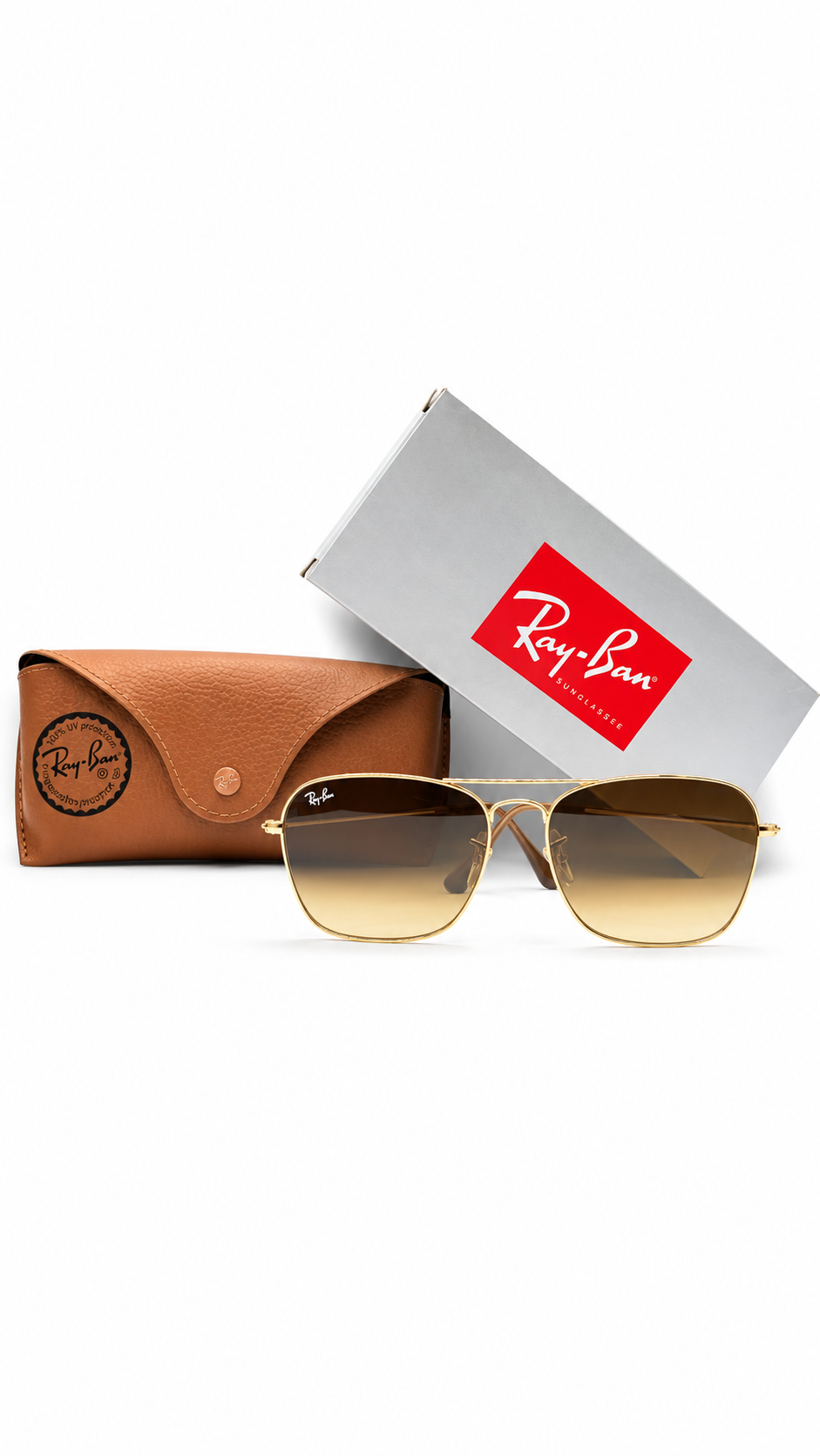 Ray-Ban RB3136 001/51 58mm Caravan Gold Metal Square Aviator Sunglasses Brown Gradient Lens