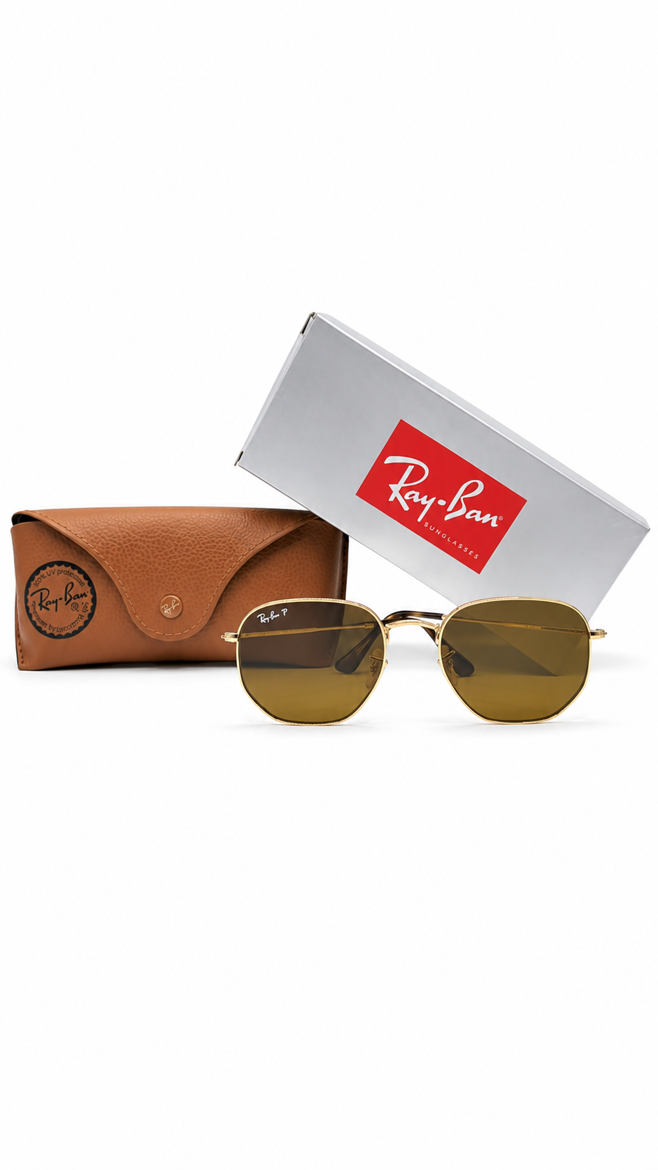 Ray-Ban RB3548N 001/57 54mm Hexagonal Flat Lenses Polarized Sunglasses Gold Frame B-15 Brown Glass Lens