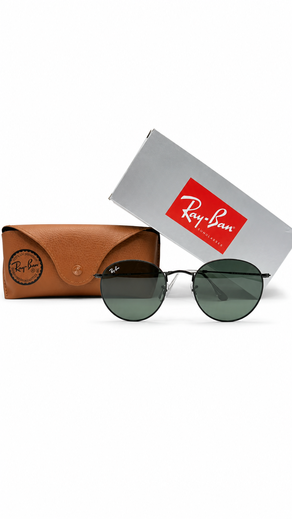 Ray-Ban RB3447 9199/31 53mm Round Metal Sunglasses Black Frame G-15 Green Glass Lens