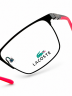 Lacoste Matte Black Rectangular Eyeglass Frames – Electric Pink Inner Temple Accents