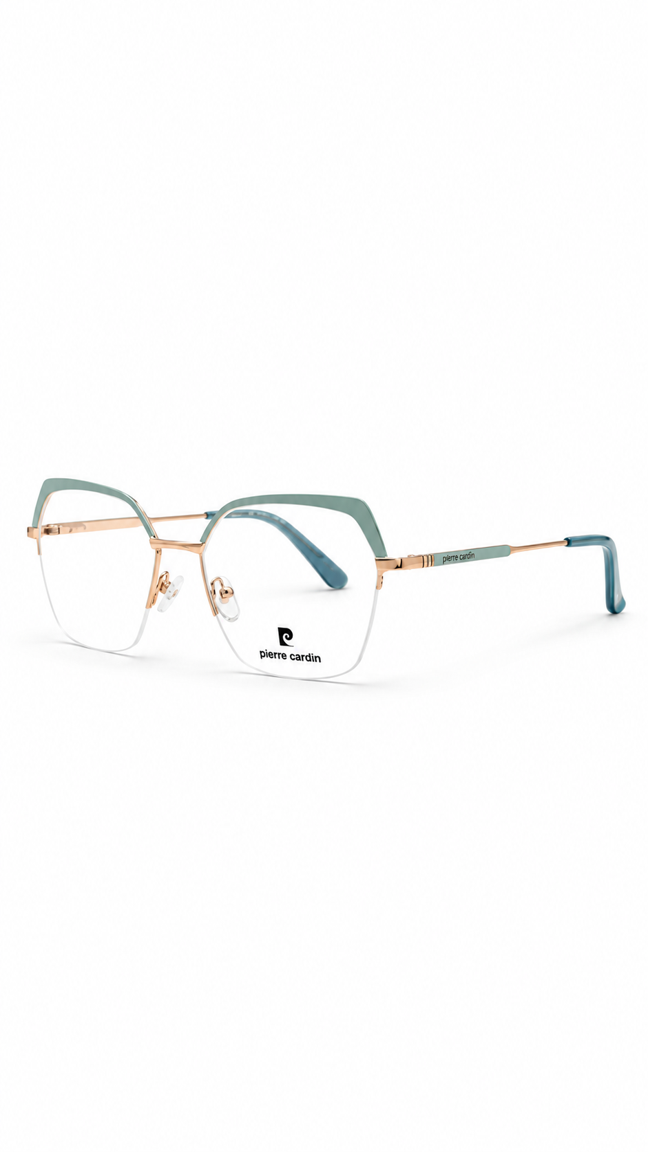 Pierre Cardin Geometric Rimless Eyeglasses – Light Blue & Gold Metal Frame