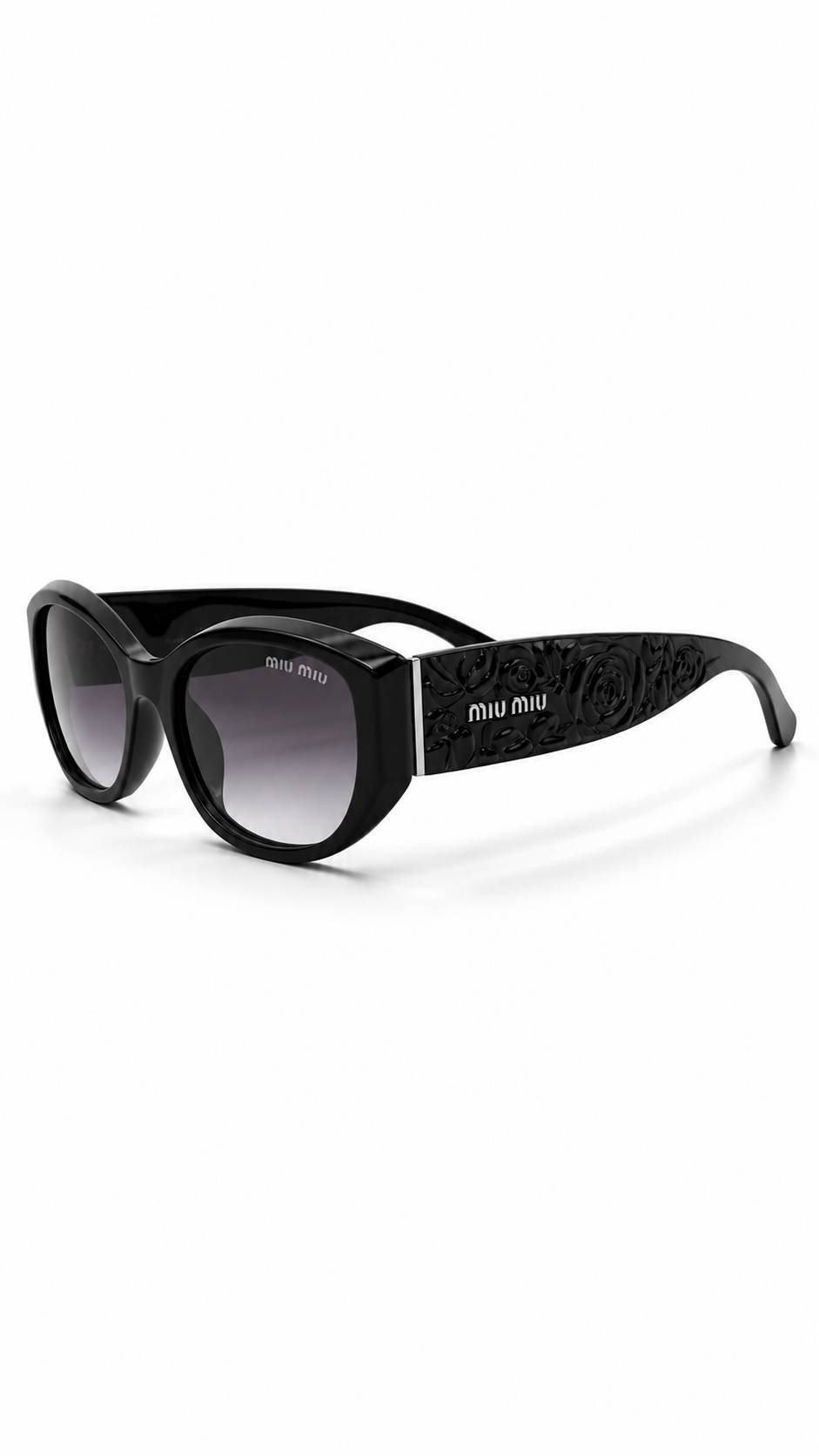 Miu Miu Oval Sunglasses – Black Frame with Grey Gradient Lenses