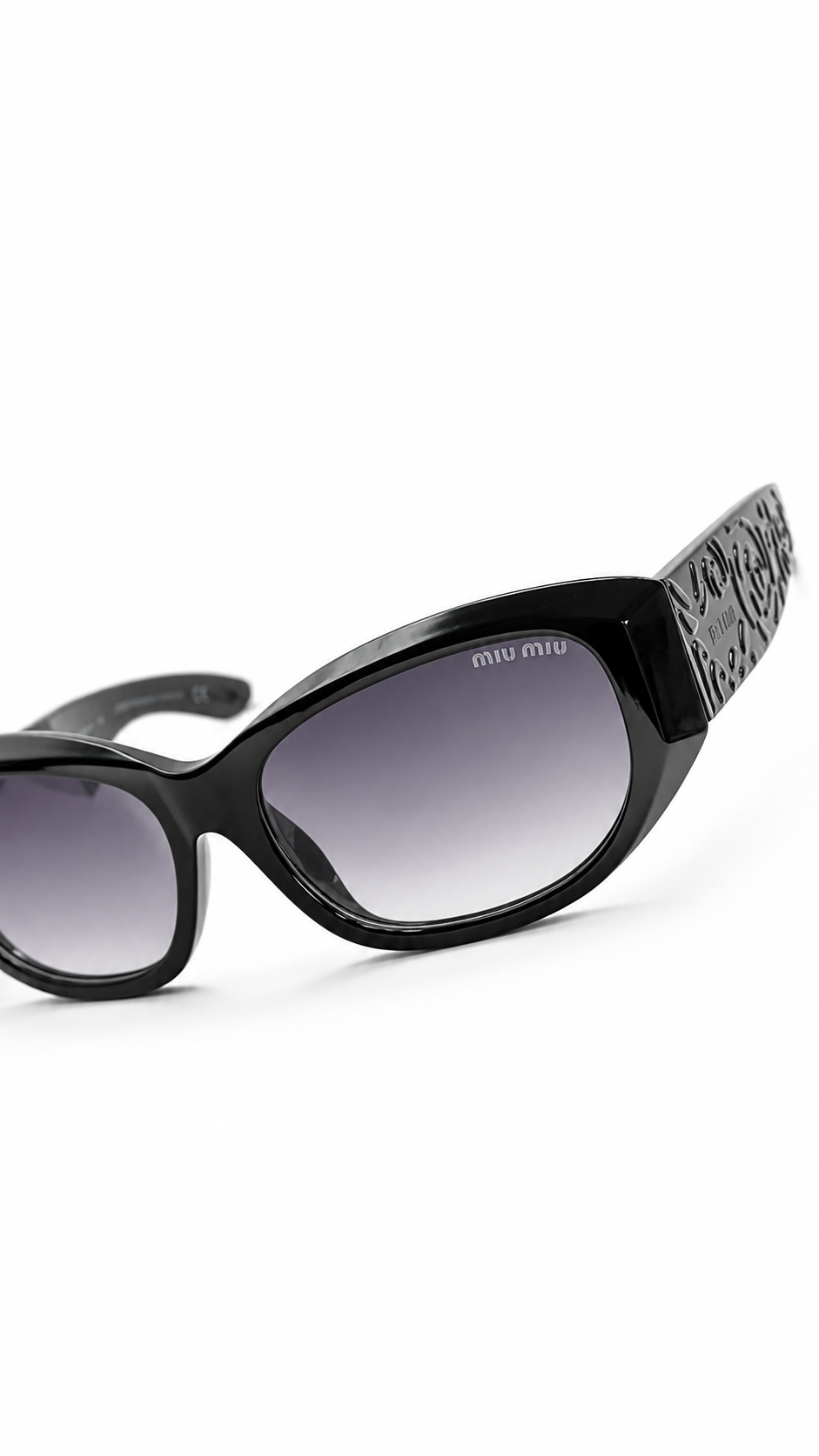 Miu Miu Oval Sunglasses – Black Frame with Grey Gradient Lenses
