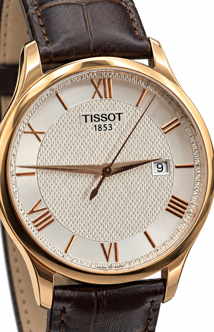 Tissot Tradition 42mm Rose Gold Case Watch – Silver Textured Dial & Brown Leather Strap