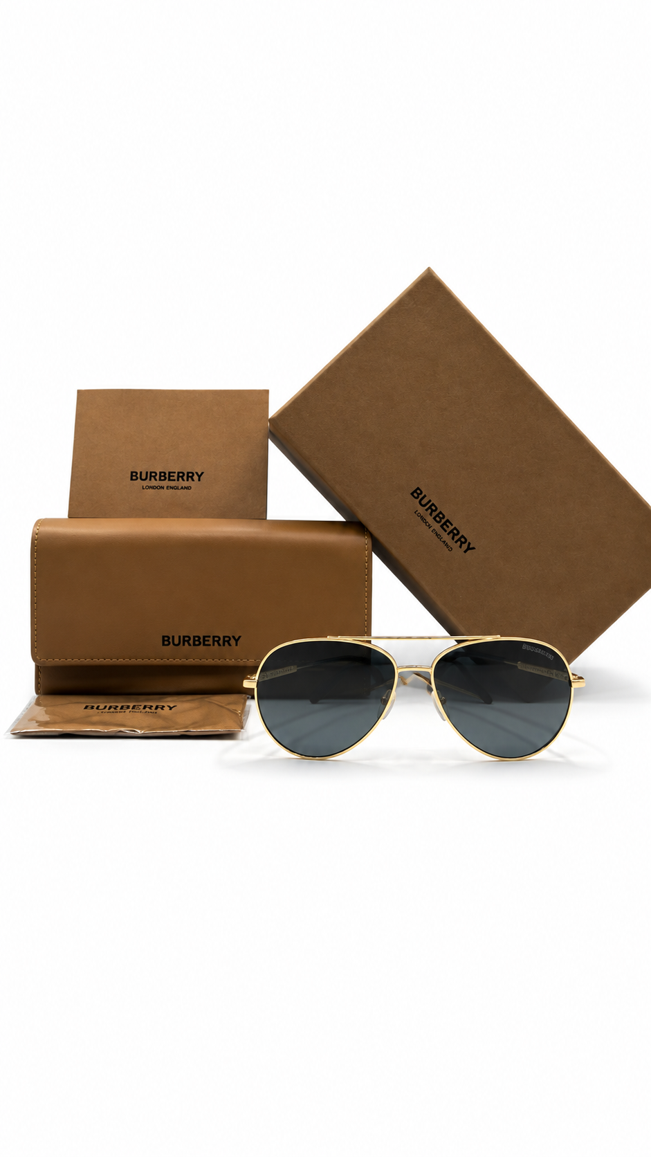 Burberry B 3117 1109/71 58mm Gold Metal Pilot Aviator Sunglasses Dark Grey Lenses