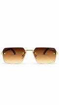 Prada 6136 Rimless Rectangular Sunglasses Gold Metal Tortoise Temples Brown Gradient 54mm