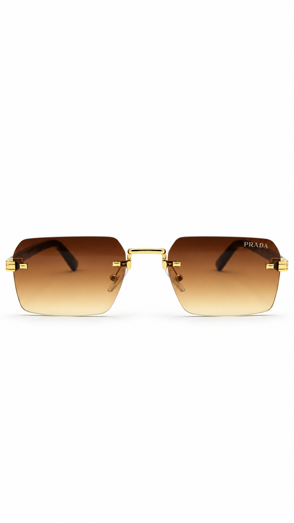Prada 6136 Rimless Rectangular Sunglasses Gold Metal Tortoise Temples Brown Gradient 54mm